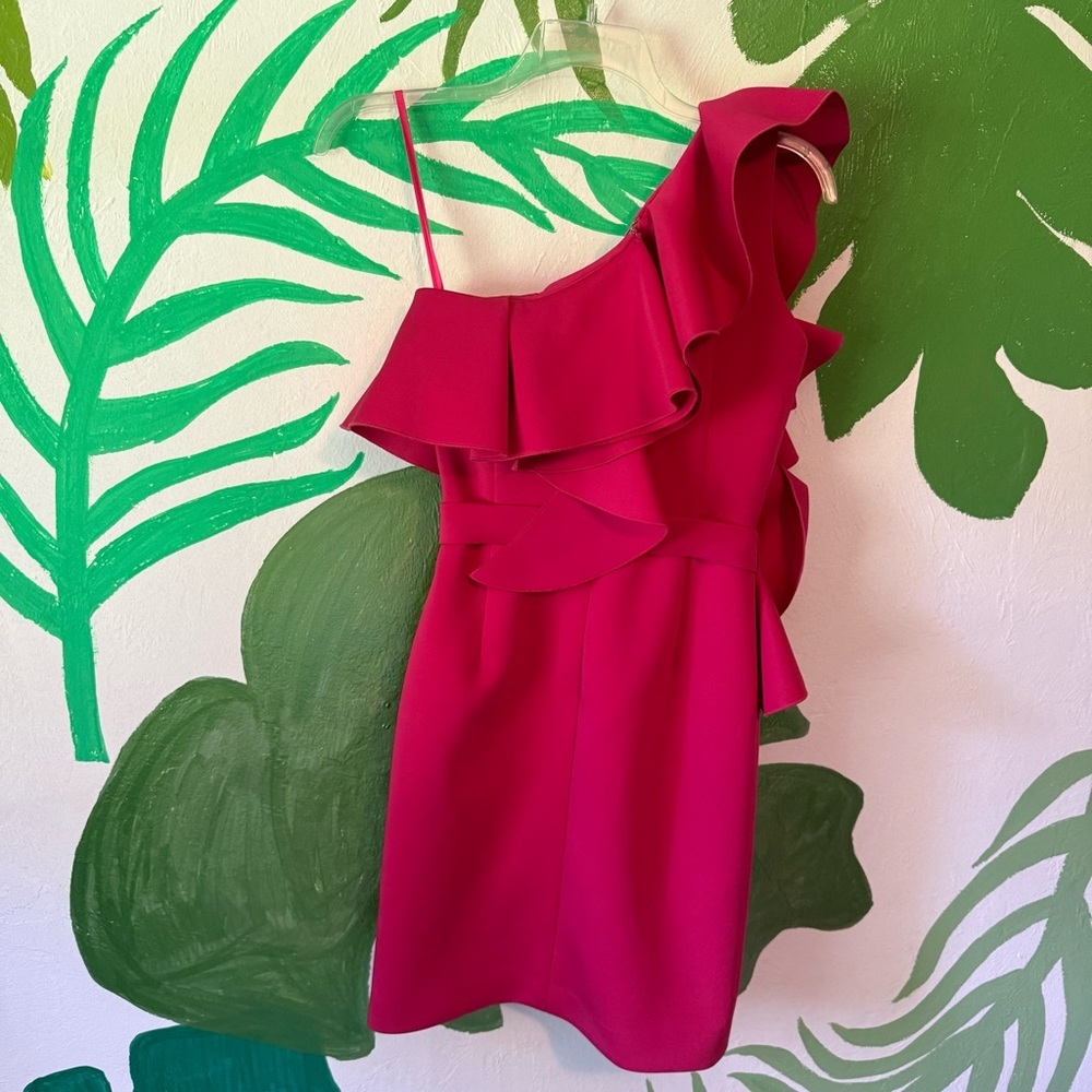 Jovani One-Shoulder Ruffle Mini Dress in Fuchsia - Picture 3 of 6